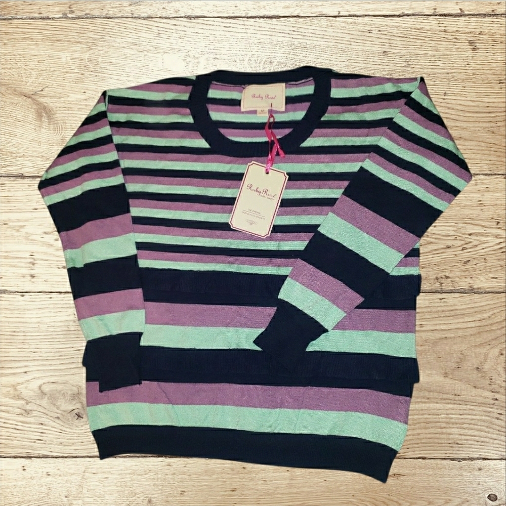 Ruby Road. Navy, Lavender & Mint Stripe Crewneck Sweater
